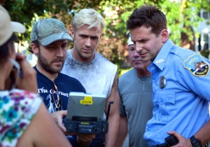 Cianfrance, Ryan Gosling, and Bradley Cooper on the set of 'The Place Beyond the Pines'.
